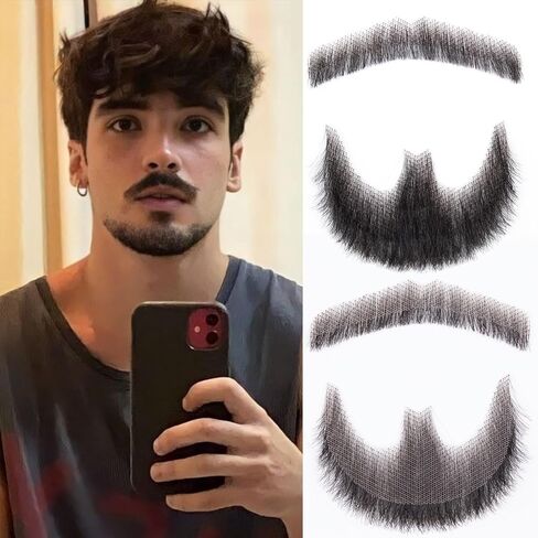 Fake Beard 100% Human Hair Full Hand Tide Lace Fake Mustache Costume Fake Facial Hair Goatee Black Color Realistic Beard for Halloween Costume Dresing Cosplay or Party (Black) in Saudi Arabia