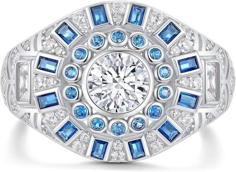 Mens Lab-Created Moissanite Center Stone with Blue Spinel Accents Wedding Band 925 Sterling Silver Engagement Ring Size 7-14 in Saudi Arabia