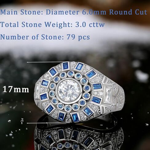 Mens Lab-Created Moissanite Center Stone with Blue Spinel Accents Wedding Band 925 Sterling Silver Engagement Ring Size 7-14 in Saudi Arabia