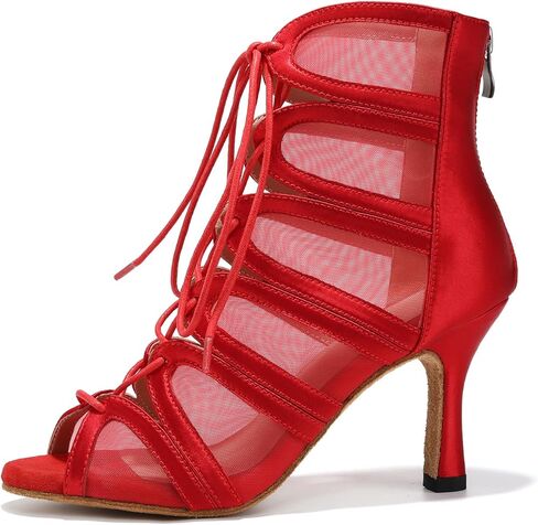 Women's Ballroom Ankle Dance Boots Lace-up Open-Toe Practice Latin Salsa Dance Shoes,Model YC-L444-Suede Sole-3.33" Heel in Kuwait