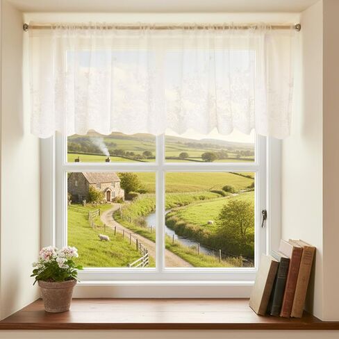 Lace Valances for Windows, Window Toppers Valances Short Curtain Vintage Cream Sheer Valance Over Sink for Kitchen Half Window Bathroom Decoration Rod Pocket 51x16 inches 1 Pane(Beige) in Saudi Arabia