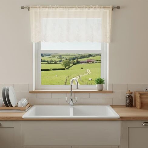 Lace Valances for Windows, Window Toppers Valances Short Curtain Vintage Cream Sheer Valance Over Sink for Kitchen Half Window Bathroom Decoration Rod Pocket 51x16 inches 1 Pane(Beige) in Saudi Arabia