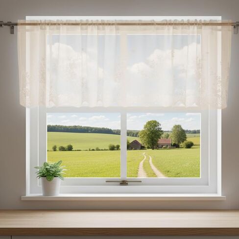 Lace Valances for Windows, Window Toppers Valances Short Curtain Vintage Cream Sheer Valance Over Sink for Kitchen Half Window Bathroom Decoration Rod Pocket 51x16 inches 1 Pane(Beige) in Saudi Arabia