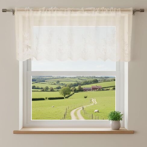 Lace Valances for Windows, Window Toppers Valances Short Curtain Vintage Cream Sheer Valance Over Sink for Kitchen Half Window Bathroom Decoration Rod Pocket 51x16 inches 1 Pane(Beige) in Saudi Arabia