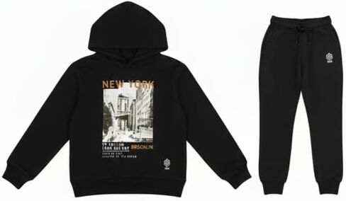SAS Boys Black Hoodie Set | New York Downtown Streetwear Tracksuit | Kids Fleece 2-Piece Hoodie & Joggers Outfit Activewear in Saudi Arabia