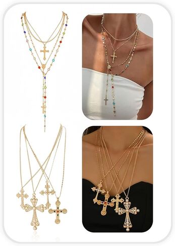8Pcs Women’s Rosary Long Cross Necklace Set, Zamak 3 Alloy with 14K PVD Plating & E-Coating, Gift for Vacation, Music Festival, Latin Party, Date Night, Christmas, New Year in Saudi Arabia