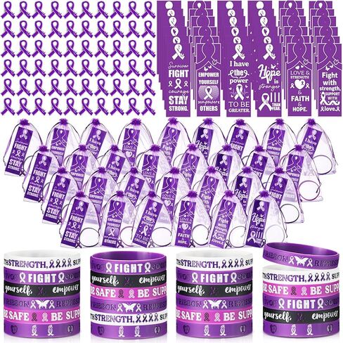 XunYee Purple Ribbon Awareness Silicone Wristband Bracelets with Pins Bookmarks Pancreatic Cancer Lupus Domestic Violence Alzheimer's Awareness Supplies Bulk for Men Women Charity Gifts(Purple) in Kuwait