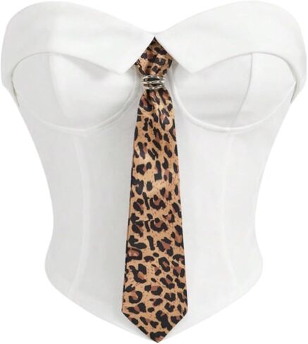 OYOANGLE Women's Strapless Corset with Leopard Tie Foldover Asymmetrical Hem Tube Top Party Clubwear in Saudi Arabia