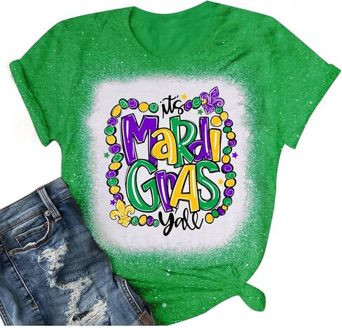 Mardi Gras Shirts for Women New Orlean Carnival Graphic Tee Tops Holiday Bleached Short Sleeve Costumes in Saudi Arabia