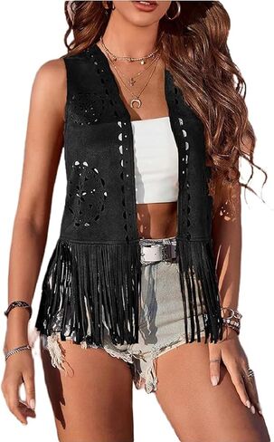 Women's Western Cowgirl Vest Sleeveless Boho Fringe Tops 70s Faux Suede Tassel Hippie Jacket Costume Outfits Clothes in Kuwait