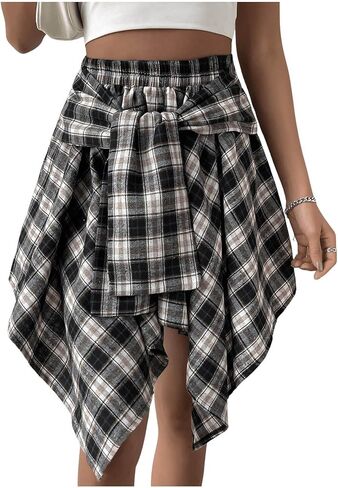 تنورة SHENHE النسائية المنقوشة ذات العقدة الأمامية والخصر العالي غير المتماثلة تنورة قصيرة للخريف in Kuwait