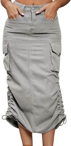 Cargo Skirt Jean Adjustable Casual A-Line Midi Long Denim Skirt in Saudi Arabia