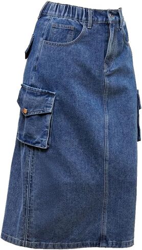 Cargo Skirt Jean Adjustable Casual A-Line Midi Long Denim Skirt in Saudi Arabia