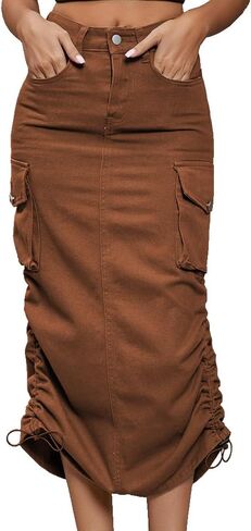 Cargo Skirt Jean Adjustable Casual A-Line Midi Long Denim Skirt in Saudi Arabia