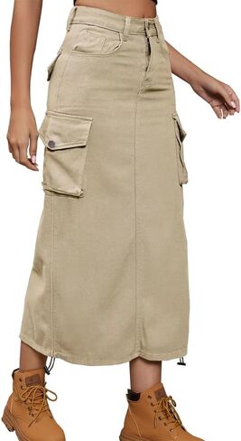 Cargo Skirt Jean Adjustable Casual A-Line Midi Long Denim Skirt in Saudi Arabia