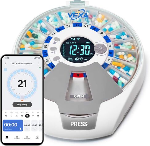 موزع حبوب منع الحمل الذكي VEXA VitaMate Pro 21 مع دوران تلقائي، وحاويات حبوب منع الحمل المرتفعة، وتنبيهات الصوت والضوء، وتذكير الدواء الذي يتم التحكم فيه من خلال التطبيق ومتتبع للأقراص والكبسولات والمكملات الغذائية in Kuwait