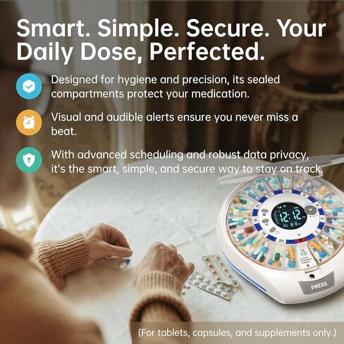 موزع حبوب منع الحمل الذكي VEXA VitaMate Pro 21 مع دوران تلقائي، وحاويات حبوب منع الحمل المرتفعة، وتنبيهات الصوت والضوء، وتذكير الدواء الذي يتم التحكم فيه من خلال التطبيق ومتتبع للأقراص والكبسولات والمكملات الغذائية in Kuwait