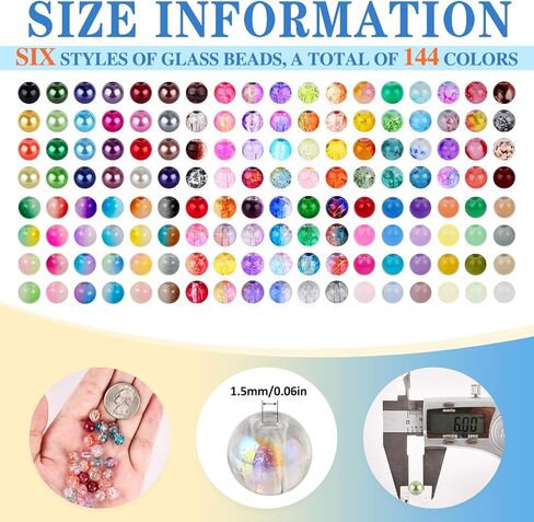 Xseino 1200pcs 6mm Pearl Glass Beads Makelet Kit ، 24 سلسلة ألوان متنوعة من الخرز الكريستال لصنع المجوهرات وحرف DIY ، أساور الصداقة in Kuwait