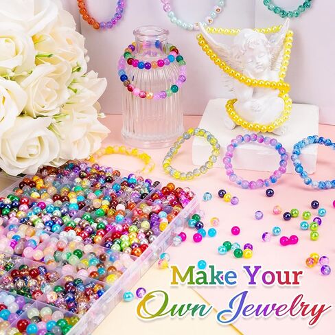 Xseino 1200pcs 6mm Pearl Glass Beads Makelet Kit ، 24 سلسلة ألوان متنوعة من الخرز الكريستال لصنع المجوهرات وحرف DIY ، أساور الصداقة in Kuwait