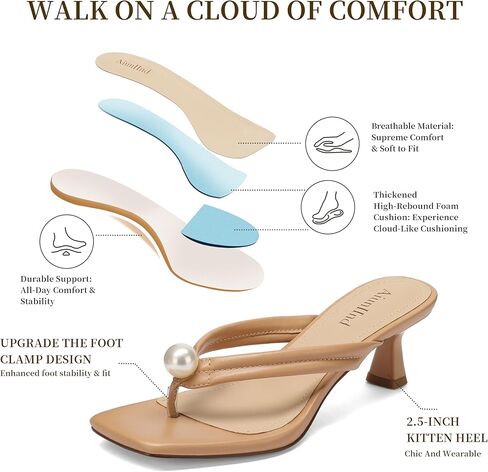 Women's Kitten Heels Sandals Square Open Toe Flip Flop Heels 2.5 Inch Slip On Dressy Sandals with Pearl Strap for Daily Work Wedding Shoes in Saudi Arabia