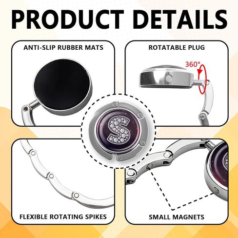 هدايا خطافية أولية من الماس المضحك - حرف فضي ماسي S - حامل محفظة قابل للطي للطاولة - شماعة حقيبة يد مستديرة للنساء - هدايا عيد ميلاد للعائلة وزملاء العمل والصديق والسيدة الرئيسة in Kuwait