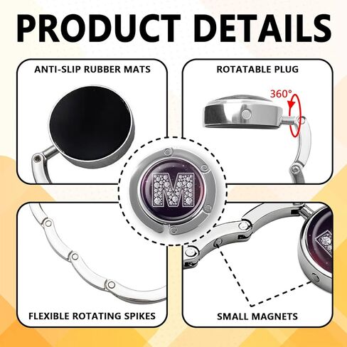 هدايا خطافية أولية من الماس المضحك - حرف فضي ماسي M - حامل محفظة قابل للطي للطاولة - شماعة حقيبة يد مستديرة للنساء - هدايا عيد ميلاد للعائلة وزملاء العمل والصديق والسيدة الرئيسة in Kuwait