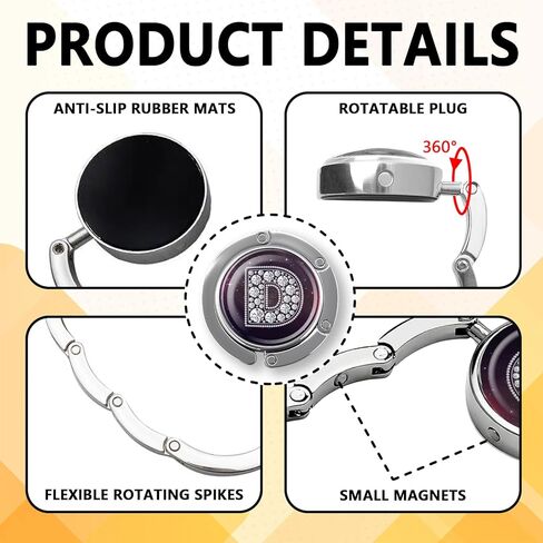 هدايا خطافية أولية من الماس المضحك - حرف D من الألماس الفضي - حامل محفظة قابل للطي للطاولة - شماعة حقيبة يد مستديرة للنساء - هدايا عيد ميلاد للعائلة وزملاء العمل والأصدقاء والسيدة الرئيسة in Kuwait