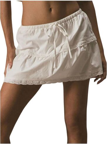 MAKEMECHIC Women's Y2K Spring Drawstring Mini Skirt Embroidery Eyelet Low Waisted A Line Short Skirts in Saudi Arabia