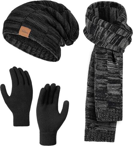 Winter Hat Beanie Scarf Touchscreen Gloves Set, 3Pcs Soft Thick Fleece Lined Gloves Skull Cap Scarf Set for Women Men in Saudi Arabia