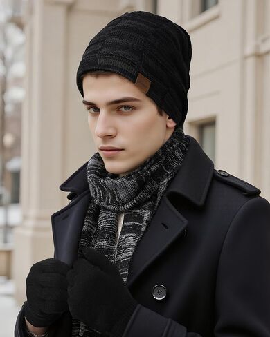 Winter Hat Beanie Scarf Touchscreen Gloves Set, 3Pcs Soft Thick Fleece Lined Gloves Skull Cap Scarf Set for Women Men in Saudi Arabia
