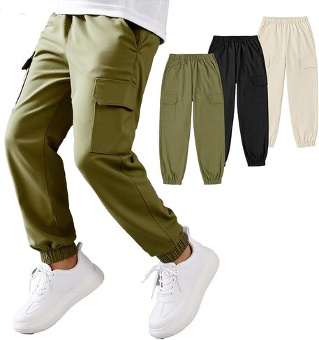 Boys Cargo Pants 3 Pack Loose-Fitting Casual Sports Pants with Pockets Jogging Trousers Bottom for Kids 8-12 Years in Saudi Arabia