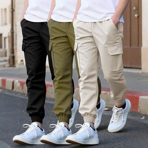 Boys Cargo Pants 3 Pack Loose-Fitting Casual Sports Pants with Pockets Jogging Trousers Bottom for Kids 8-12 Years in Saudi Arabia