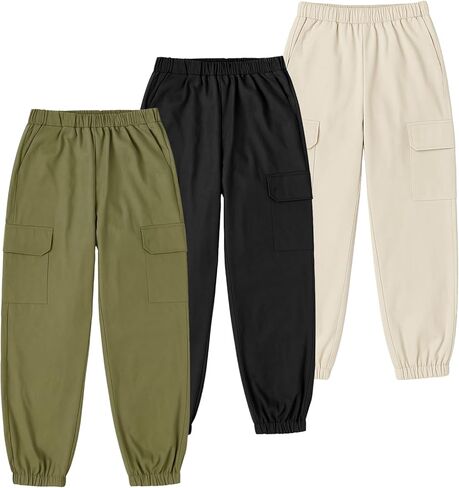 Boys Cargo Pants 3 Pack Loose-Fitting Casual Sports Pants with Pockets Jogging Trousers Bottom for Kids 8-12 Years in Saudi Arabia