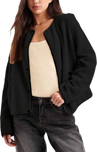 Womens Fleece Jacket Fuzzy Casual Long Sleeve Round Neck Button Down Coat Sherpa Outwear with Pockets in Saudi Arabia