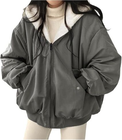 Uikue Women Fleece Lined Jacket Winter Warm Reversible Sherpa Coat Fashion Hooded Zip Up Outerwear with Pockets(Black,S) in Saudi Arabia