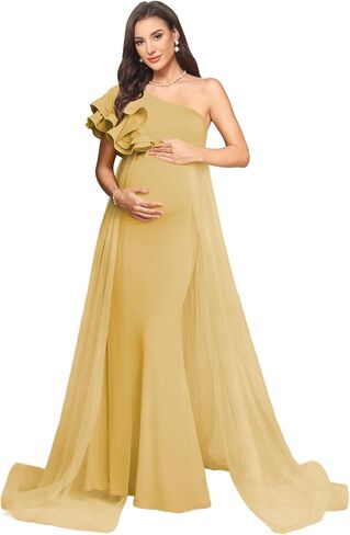 Satin Mermaid Maternity Dress for Women One Shoulder Flowy Cascading Ruffles Baby Shower Photoshoot DD06 in Saudi Arabia