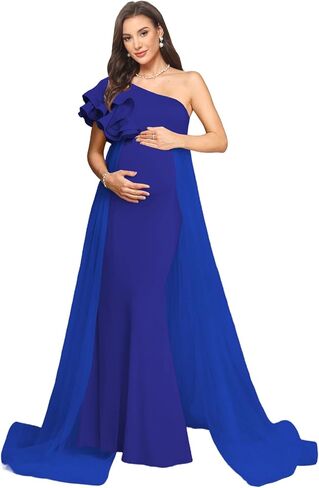 Satin Mermaid Maternity Dress for Women One Shoulder Flowy Cascading Ruffles Baby Shower Photoshoot DD06 in Saudi Arabia