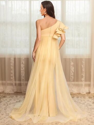 Satin Mermaid Maternity Dress for Women One Shoulder Flowy Cascading Ruffles Baby Shower Photoshoot DD06 in Saudi Arabia