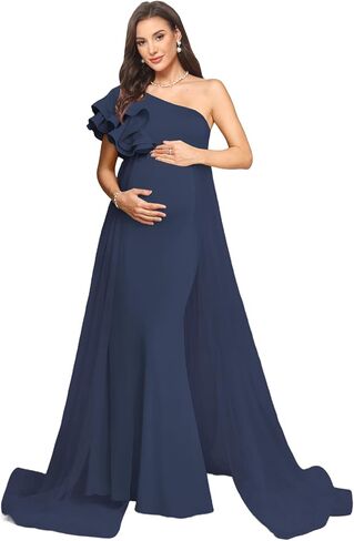 Satin Mermaid Maternity Dress for Women One Shoulder Flowy Cascading Ruffles Baby Shower Photoshoot DD06 in Saudi Arabia