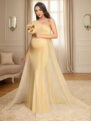 Satin Mermaid Maternity Dress for Women One Shoulder Flowy Cascading Ruffles Baby Shower Photoshoot DD06 in Saudi Arabia