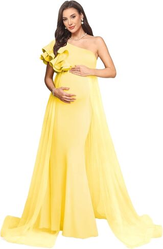 Satin Mermaid Maternity Dress for Women One Shoulder Flowy Cascading Ruffles Baby Shower Photoshoot DD06 in Saudi Arabia