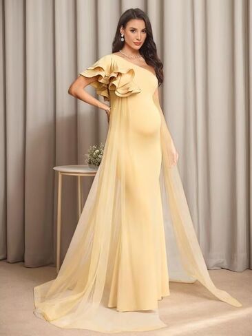Satin Mermaid Maternity Dress for Women One Shoulder Flowy Cascading Ruffles Baby Shower Photoshoot DD06 in Saudi Arabia
