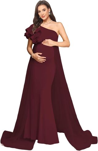 Satin Mermaid Maternity Dress for Women One Shoulder Flowy Cascading Ruffles Baby Shower Photoshoot DD06 in Saudi Arabia
