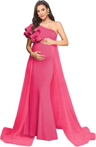 Satin Mermaid Maternity Dress for Women One Shoulder Flowy Cascading Ruffles Baby Shower Photoshoot DD06 in Saudi Arabia
