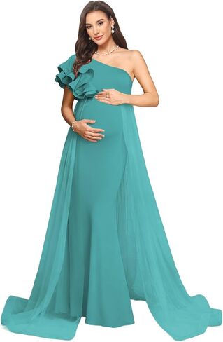Satin Mermaid Maternity Dress for Women One Shoulder Flowy Cascading Ruffles Baby Shower Photoshoot DD06 in Saudi Arabia