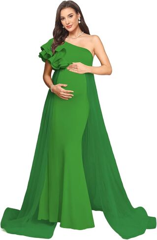 Satin Mermaid Maternity Dress for Women One Shoulder Flowy Cascading Ruffles Baby Shower Photoshoot DD06 in Saudi Arabia