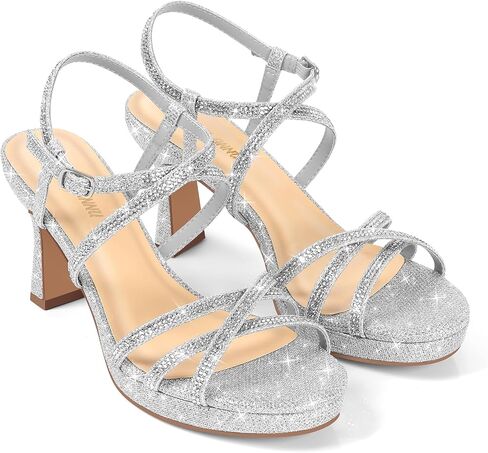 PIZZ ANNU Women's Stellora Platform High Heels Block Chunky Strappy Sparkly Rhinestone Open Toe Ankle Strap Dress Pump Sandals Shoes for Party Wedding in Kuwait