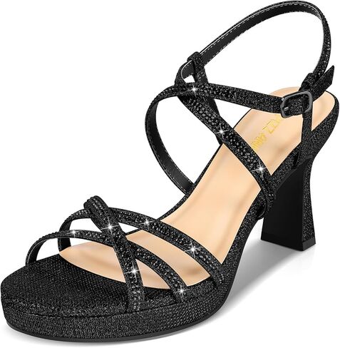PIZZ ANNU Women's Stellora Platform High Heels Block Chunky Strappy Sparkly Rhinestone Open Toe Ankle Strap Dress Pump Sandals Shoes for Party Wedding in Kuwait