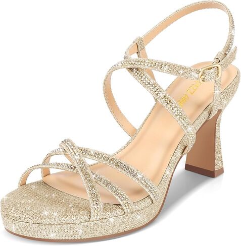 PIZZ ANNU Women's Stellora Platform High Heels Block Chunky Strappy Sparkly Rhinestone Open Toe Ankle Strap Dress Pump Sandals Shoes for Party Wedding in Kuwait
