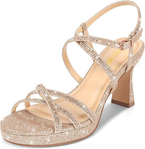 PIZZ ANNU Women's Stellora Platform High Heels Block Chunky Strappy Sparkly Rhinestone Open Toe Ankle Strap Dress Pump Sandals Shoes for Party Wedding in Kuwait
